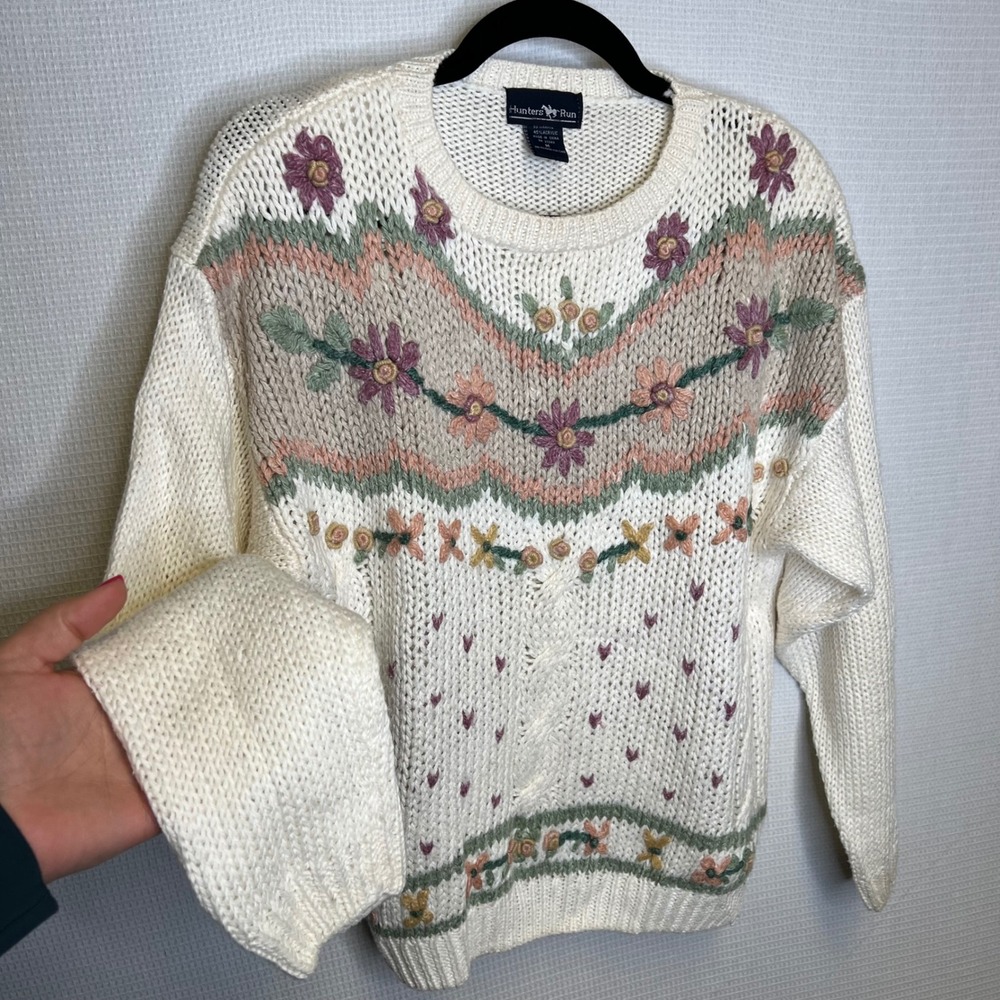 Hunters Run Vintage Floral Embroidered Knit Sweater Cream Ramie Blend Womens M‎
